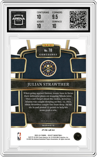 Julian Strawther from the 2023-24 Panini Select  set featuring a Blue Scope parallel graded by Arena Club and given an overall grade of 10.