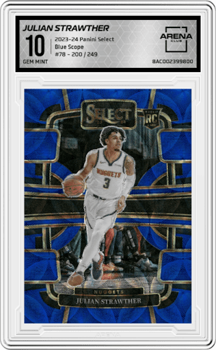 Julian Strawther from the 2023-24 Panini Select  set featuring a Blue Scope parallel graded by Arena Club and given an overall grade of 10.