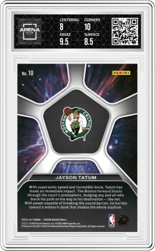 Jayson Tatum from the 2023-24 Panini Prizm set featuring a Green Prizm parallel graded by Arena Club and given an overall grade of 8.5.