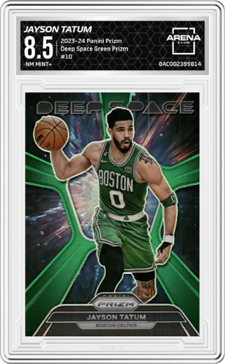 Jayson Tatum from the 2023-24 Panini Prizm set featuring a Green Prizm parallel graded by Arena Club and given an overall grade of 8.5.