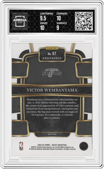 Victor Wembanyama from the 2023-24 Panini Select  set featuring a Blue Retail parallel graded by Arena Club and given an overall grade of 9.5.