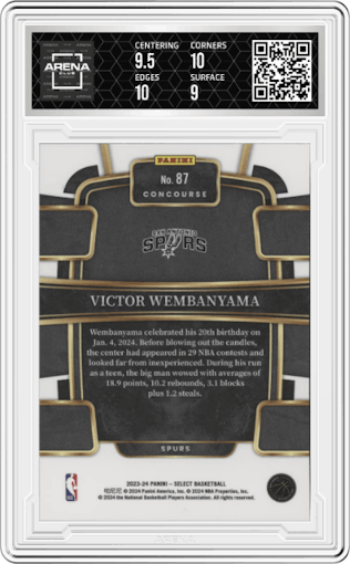 Victor Wembanyama from the 2023-24 Panini Select  set featuring a Blue Retail parallel graded by Arena Club and given an overall grade of 9.5.