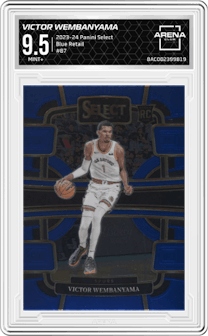Victor Wembanyama from the 2023-24 Panini Select  set featuring a Blue Retail parallel graded by Arena Club and given an overall grade of 9.5.