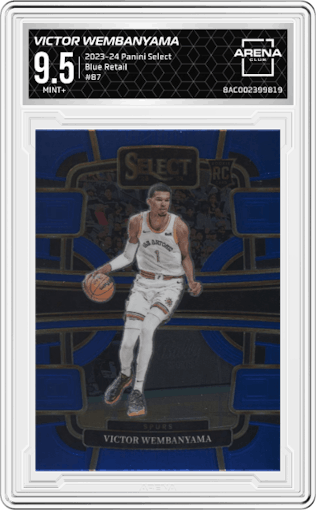 Victor Wembanyama from the 2023-24 Panini Select  set featuring a Blue Retail parallel graded by Arena Club and given an overall grade of 9.5.