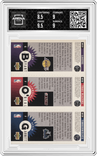 Kevin Garnett/Jermaine O'Neal/Kobe Bryant from the 1996-97 Upper Deck Collector's Choice set graded by Arena Club and given an overall grade of 9.