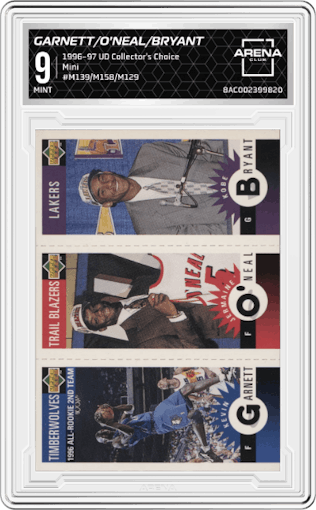 Kevin Garnett/Jermaine O'Neal/Kobe Bryant from the 1996-97 Upper Deck Collector's Choice set graded by Arena Club and given an overall grade of 9.