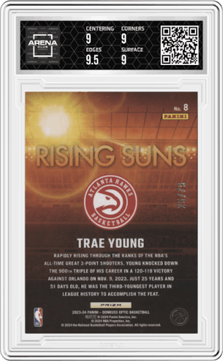 Trae Young from the 2023-24 Donruss Optic set featuring a Pink Velocity parallel graded by Arena Club and given an overall grade of 9.
