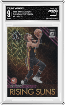 Trae Young from the 2023-24 Donruss Optic set featuring a Pink Velocity parallel graded by Arena Club and given an overall grade of 9.
