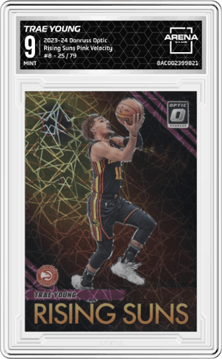 Trae Young from the 2023-24 Donruss Optic set featuring a Pink Velocity parallel graded by Arena Club and given an overall grade of 9.