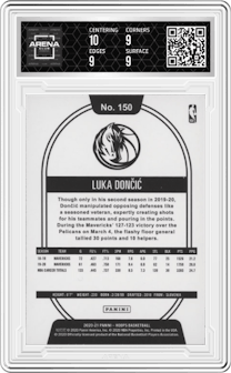 Luka Doncic from the 2020-21 Panini NBA Hoops set featuring a Purple parallel graded by Arena Club and given an overall grade of 9.5.