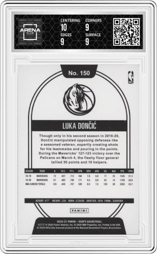 Luka Doncic from the 2020-21 Panini NBA Hoops set featuring a Purple parallel graded by Arena Club and given an overall grade of 9.5.