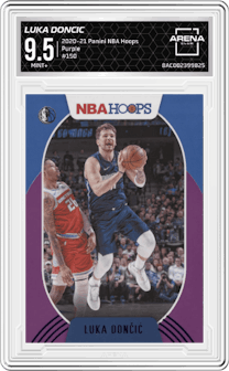 Luka Doncic from the 2020-21 Panini NBA Hoops set featuring a Purple parallel graded by Arena Club and given an overall grade of 9.5.