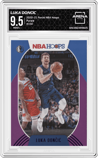 Luka Doncic from the 2020-21 Panini NBA Hoops set featuring a Purple parallel graded by Arena Club and given an overall grade of 9.5.