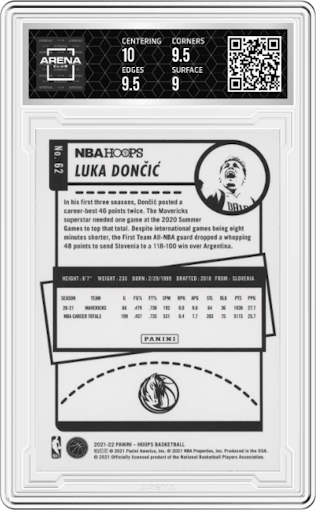 Luka Doncic from the 2021-22 Panini NBA Hoops set featuring a Teal Explosion parallel graded by Arena Club and given an overall grade of 9.5.