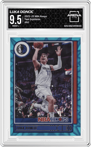 Luka Doncic from the 2021-22 Panini NBA Hoops set featuring a Teal Explosion parallel graded by Arena Club and given an overall grade of 9.5.