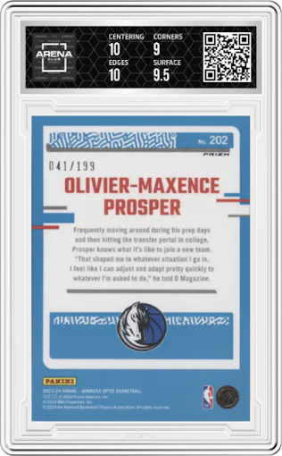 Olivier-Maxence Prosper from the 2023-24 Donruss Optic set featuring a Orange parallel graded by Arena Club and given an overall grade of 9.5.