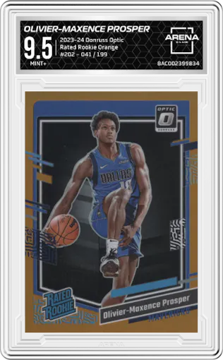 Olivier-Maxence Prosper from the 2023-24 Donruss Optic set featuring a Orange parallel graded by Arena Club and given an overall grade of 9.5.