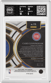 Cade Cunningham from the 2023-24 Panini Select  set featuring a Teal/White/Pink Prizm parallel graded by Arena Club and given an overall grade of 9.5.