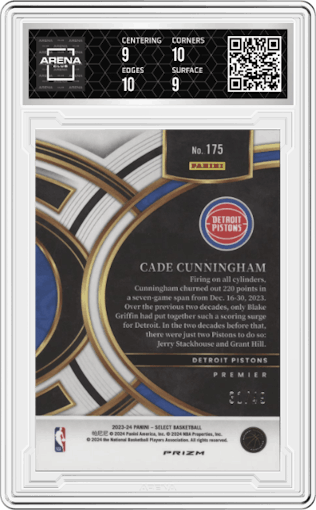Cade Cunningham from the 2023-24 Panini Select  set featuring a Teal/White/Pink Prizm parallel graded by Arena Club and given an overall grade of 9.5.