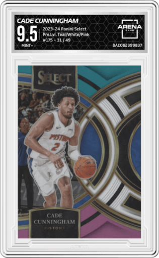 Cade Cunningham from the 2023-24 Panini Select  set featuring a Teal/White/Pink Prizm parallel graded by Arena Club and given an overall grade of 9.5.