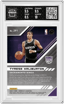 Tyrese Haliburton from the 2020-21 Panini Chronicles set featuring a Pink parallel graded by Arena Club and given an overall grade of 9.