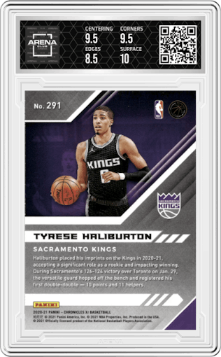 Tyrese Haliburton from the 2020-21 Panini Chronicles set featuring a Pink parallel graded by Arena Club and given an overall grade of 9.