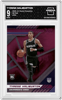 Tyrese Haliburton from the 2020-21 Panini Chronicles set featuring a Pink parallel graded by Arena Club and given an overall grade of 9.