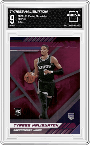 Tyrese Haliburton from the 2020-21 Panini Chronicles set featuring a Pink parallel graded by Arena Club and given an overall grade of 9.