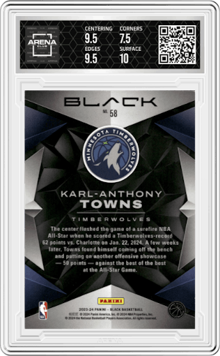 Karl-Anthony Towns from the 2023-24 Panini Black set featuring a Gold parallel graded by Arena Club and given an overall grade of 8.
