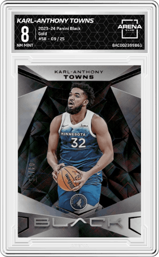Karl-Anthony Towns from the 2023-24 Panini Black set featuring a Gold parallel graded by Arena Club and given an overall grade of 8.