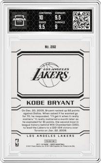 Kobe Bryant from the 2017-18 Panini NBA Hoops set graded by Arena Club and given an overall grade of 9.5.