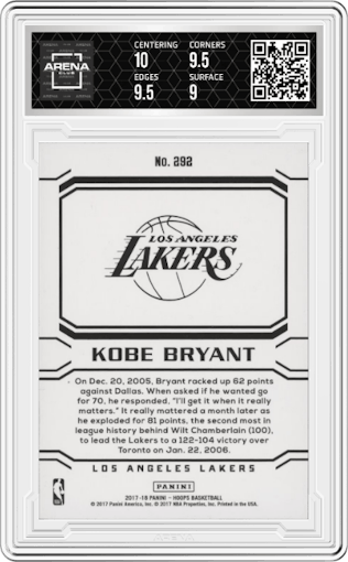 Kobe Bryant from the 2017-18 Panini NBA Hoops set graded by Arena Club and given an overall grade of 9.5.
