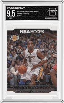 Kobe Bryant from the 2017-18 Panini NBA Hoops set graded by Arena Club and given an overall grade of 9.5.