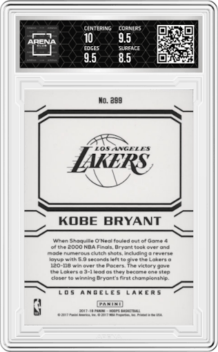 Kobe Bryant from the 2017-18 Panini NBA Hoops set graded by Arena Club and given an overall grade of 9.