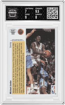 Michael Jordan from the 1991-92 Upper Deck set graded by Arena Club and given an overall grade of 7.5.