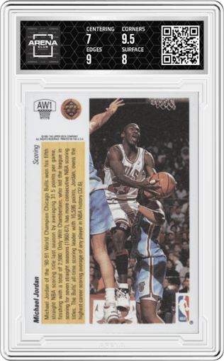 Michael Jordan from the 1991-92 Upper Deck set graded by Arena Club and given an overall grade of 7.5.