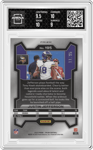 Justin Jefferson from the 2023 Panini Prizm set featuring a No Huddle Blue parallel graded by Arena Club and given an overall grade of 9.5.