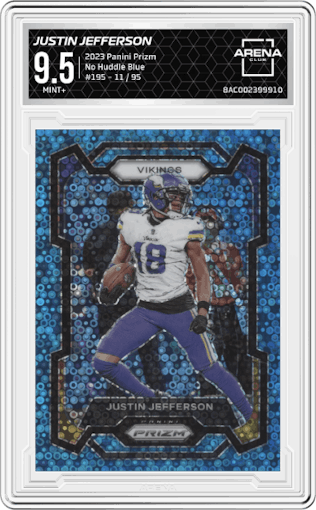 Justin Jefferson from the 2023 Panini Prizm set featuring a No Huddle Blue parallel graded by Arena Club and given an overall grade of 9.5.