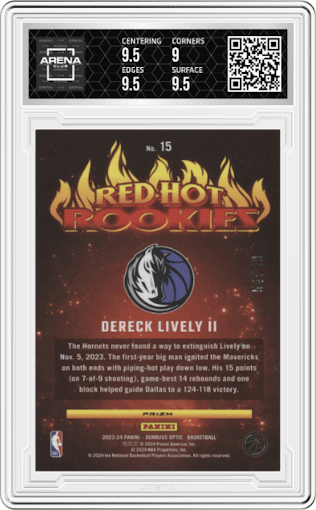 Dereck Lively II  from the 2023-24 Donruss Optic set featuring a Red International  parallel graded by Arena Club and given an overall grade of 9.5.