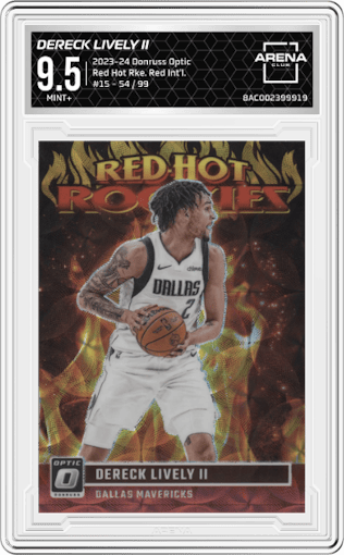 Dereck Lively II  from the 2023-24 Donruss Optic set featuring a Red International  parallel graded by Arena Club and given an overall grade of 9.5.