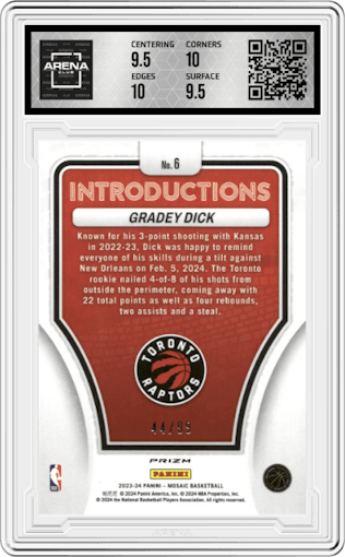 Gradey Dick from the 2023-24 Panini Mosaic set featuring a Purple Mosaic parallel graded by Arena Club and given an overall grade of 10.