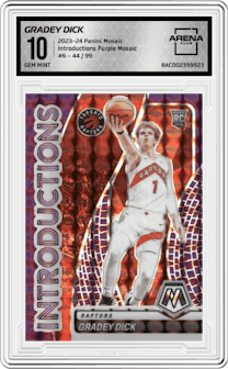 Gradey Dick from the 2023-24 Panini Mosaic set featuring a Purple Mosaic parallel graded by Arena Club and given an overall grade of 10.