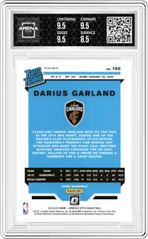 Darius Garland  from the 2019-20 Panini Donruss Optic set featuring a Choice parallel graded by Arena Club and given an overall grade of 9.