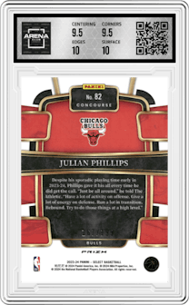 Julian Phillips from the 2023-24 Panini Select  set featuring a Red Prizm parallel graded by Arena Club and given an overall grade of 10.