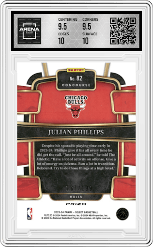 Julian Phillips from the 2023-24 Panini Select  set featuring a Red Prizm parallel graded by Arena Club and given an overall grade of 10.