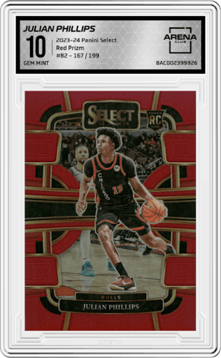 Julian Phillips from the 2023-24 Panini Select  set featuring a Red Prizm parallel graded by Arena Club and given an overall grade of 10.