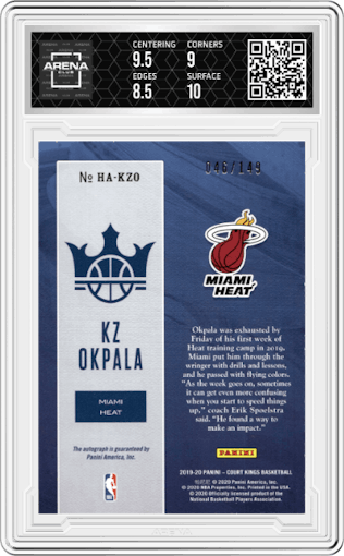 KZ Okpala from the 2019-20 Panini Court Kings set graded by Arena Club and given an overall grade of 9.