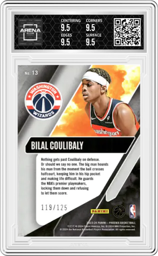 Bilal Coulibaly from the 2023-24 Panini Phoenix set featuring a Red parallel graded by Arena Club and given an overall grade of 9.5.