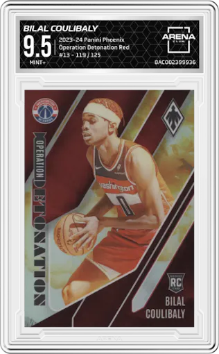 Bilal Coulibaly from the 2023-24 Panini Phoenix set featuring a Red parallel graded by Arena Club and given an overall grade of 9.5.