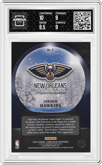 Jordan Hawkins from the 2023-24 Panini Crown Royale  set featuring a Blue parallel graded by Arena Club and given an overall grade of 9.